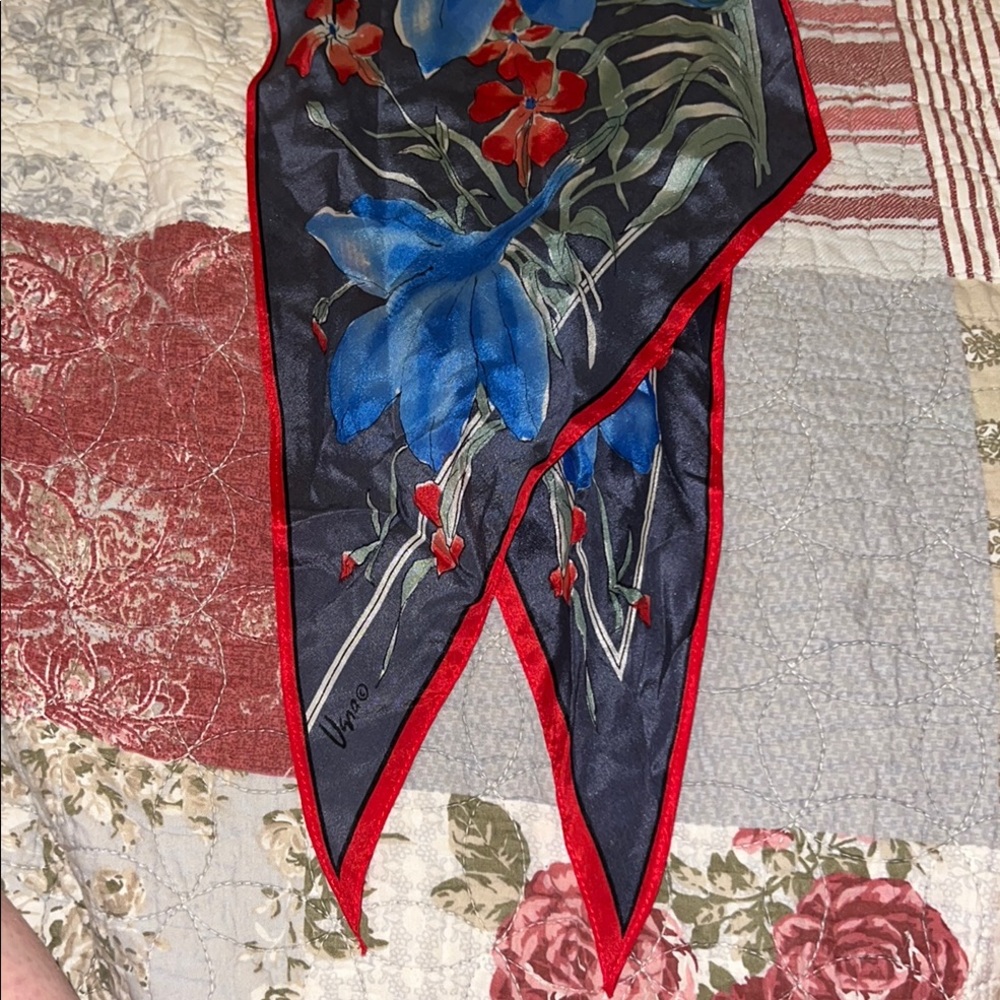 Vintage Vera Neumann Floral Silk Scarf with Blue and Red Accents oblong 64” x 7”
